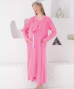 ست لباس شب دکمهدار 2تکه طرحدار توری مدل آستین کوتاه بلند و گشاد صورتی بارداری برند JENİKA کد 1758224525