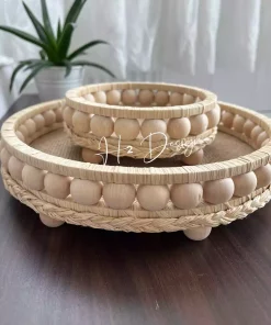 سینی تزئینی طبیعی چوب حصیری منجوقدار 12cm 24cm برند H2 Design کد 1757373548