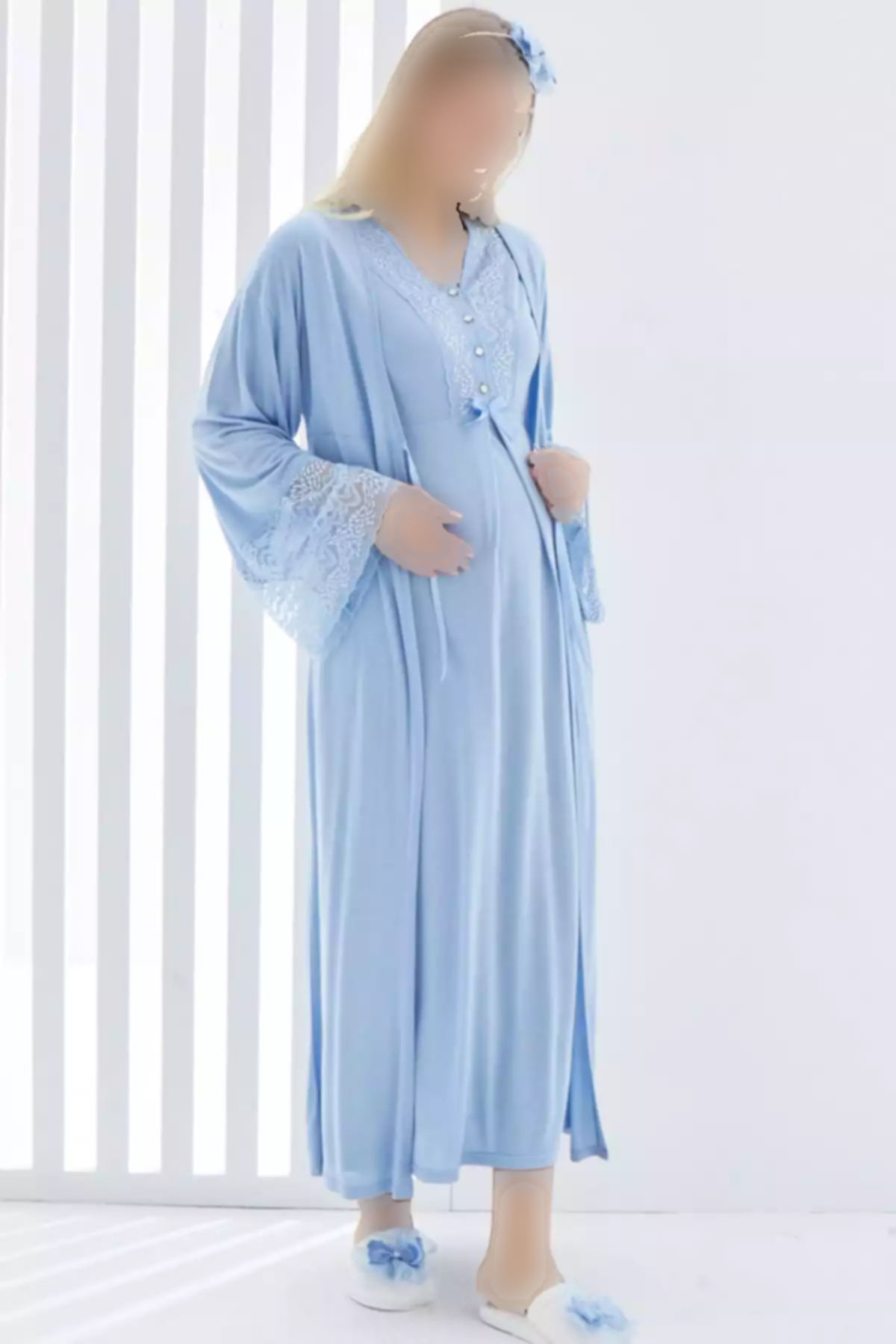 یقه خطدار آستین کوتاه لباس بلند و گشاد بارداری برند ERDENİZ TEKSTİL کد 1758057662