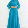 لباس مجلسی شیفون کمربنددار فیروزه ای برند sefamerve کد 1758123129