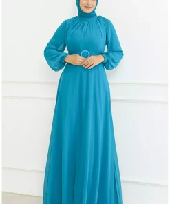 لباس مجلسی شیفون کمربنددار فیروزه ای برند sefamerve کد 1758123129