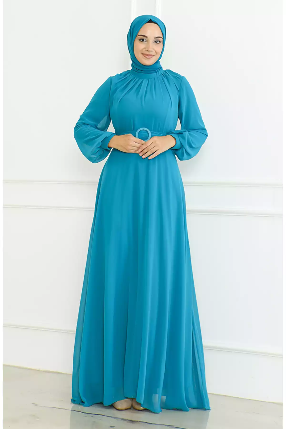 لباس مجلسی شیفون کمربنددار فیروزه ای برند sefamerve کد 1758123129