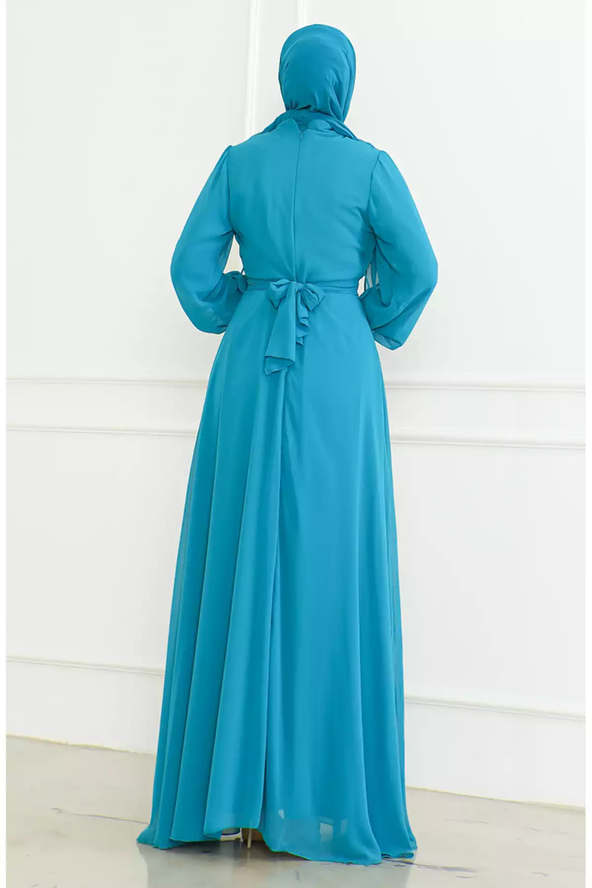 لباس مجلسی شیفون کمربنددار فیروزه ای برند sefamerve کد 1758123129