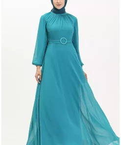 لباس مجلسی شیفون پیله دار فیروزه ای برند sefamerve کد 1758126667