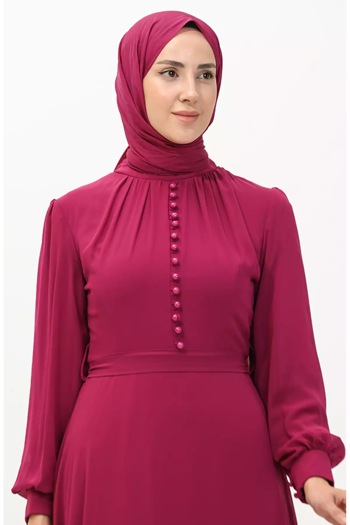 لباس مجلسی شیفون دکمه دار سرخابی کمربند برند sefamerve کد 1758123070