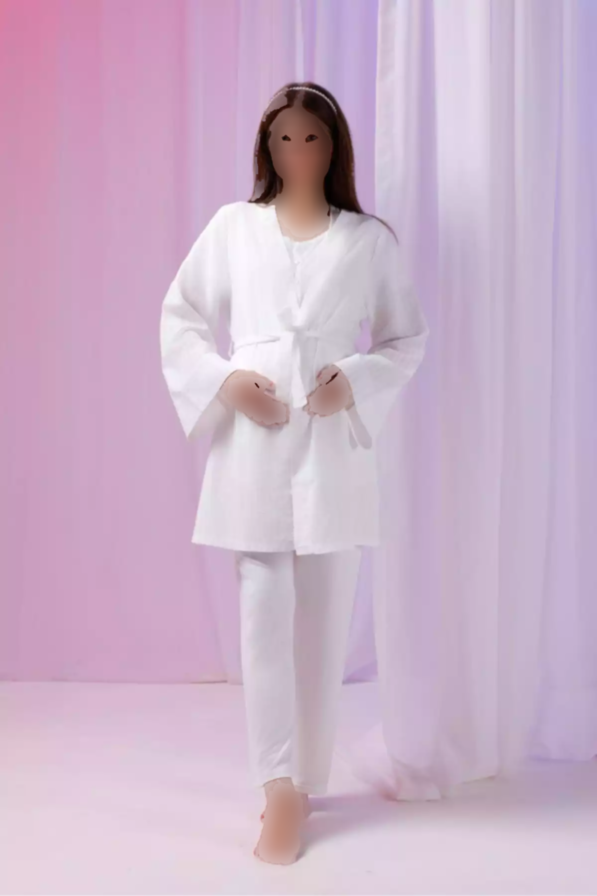 ست لباس راحتی پنبه ای کتان بلند و گشاد طراحی راهراه شیری بارداری برند Yulem Homewear کد 1757670129