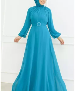 لباس مجلسی شیفون کمربنددار فیروزه ای برند sefamerve کد 1758123129