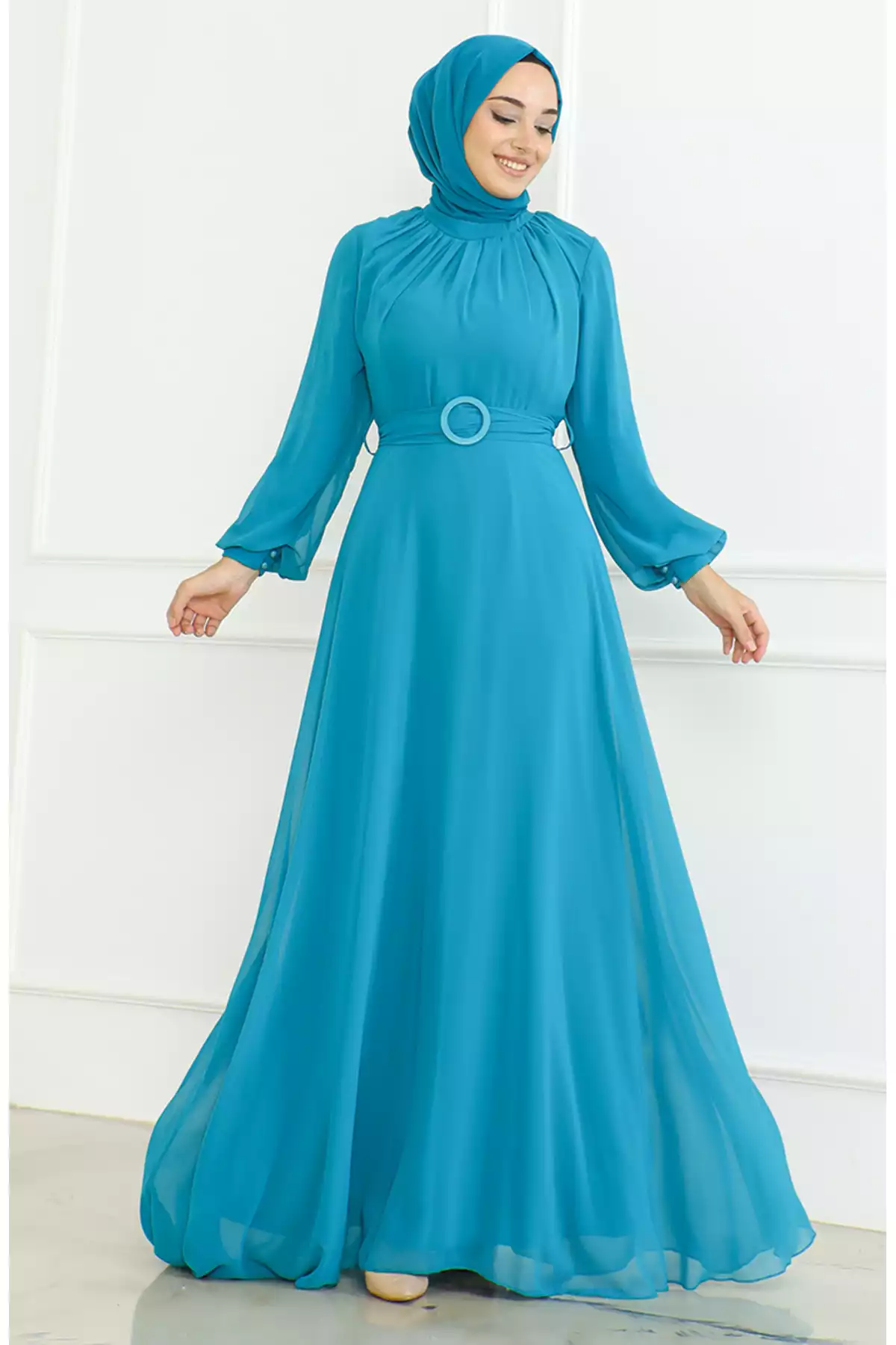 لباس مجلسی شیفون کمربنددار فیروزه ای برند sefamerve کد 1758123129