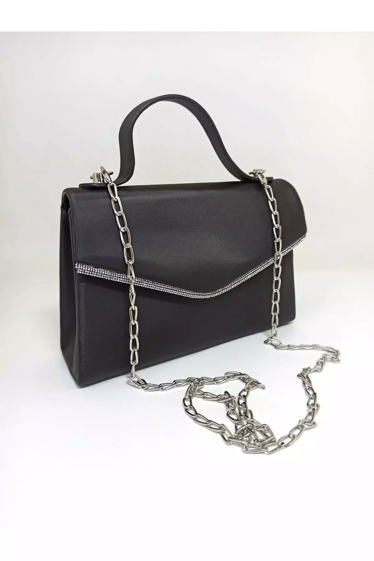 کیف مجلسی اکسسوار دار ساتن سنگی نقره مشکی زنانه برند dizaynbag کد 1758390665