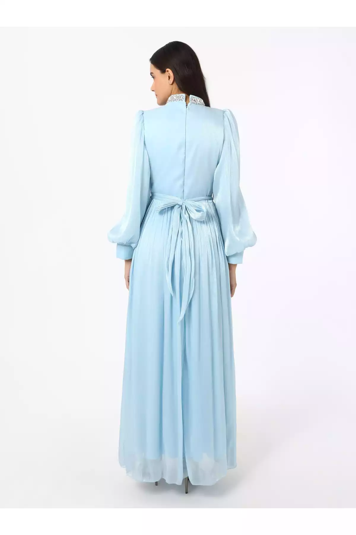 لباس مجلسی پوشیده ساده ابریشم آبی یوریو برند Refka کد 1758121872