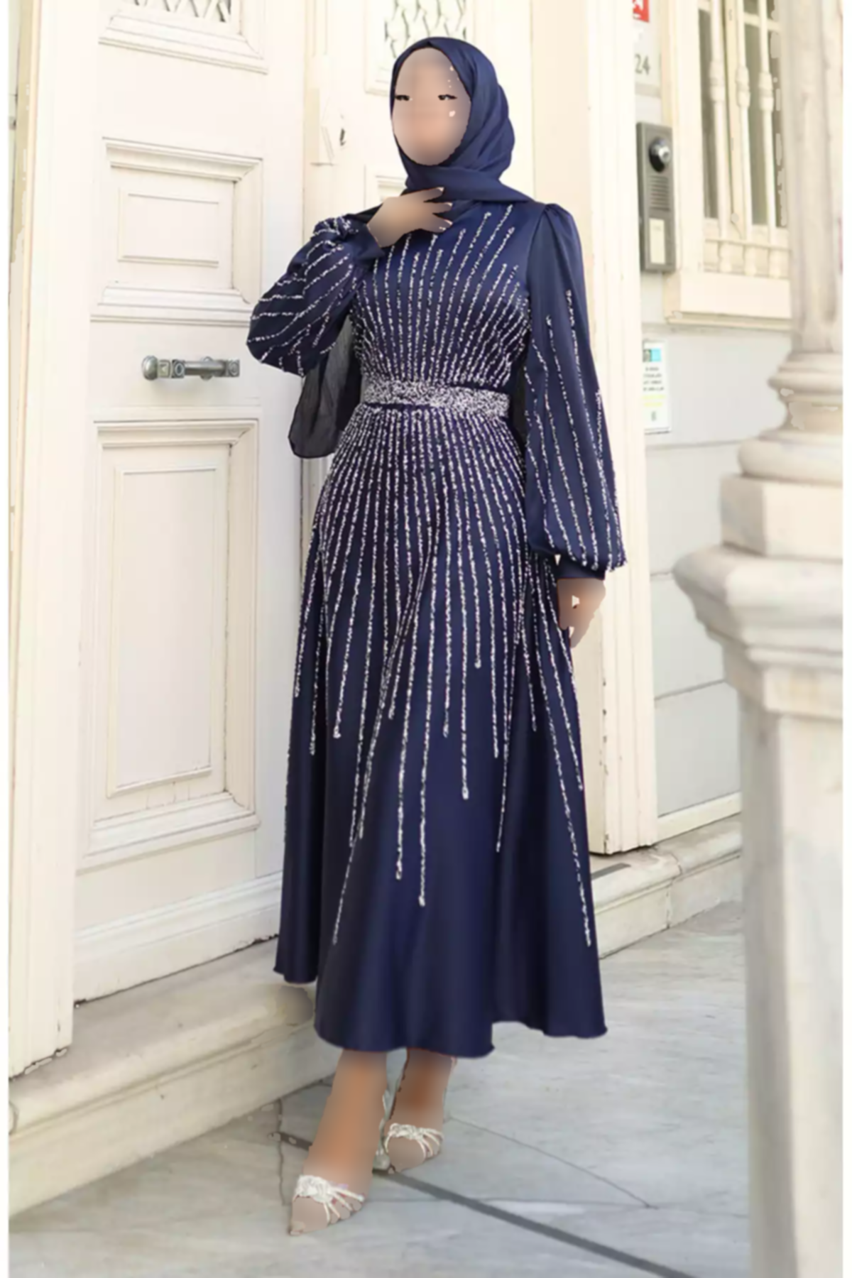 لباس مجلسی 2سرمه ای ساتن نگین دار برند sefamerve کد 1758123069