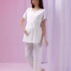 ست لباس راحتی پنبه ای کتان بلند و گشاد طراحی راهراه شیری بارداری برند Yulem Homewear کد 1757670129