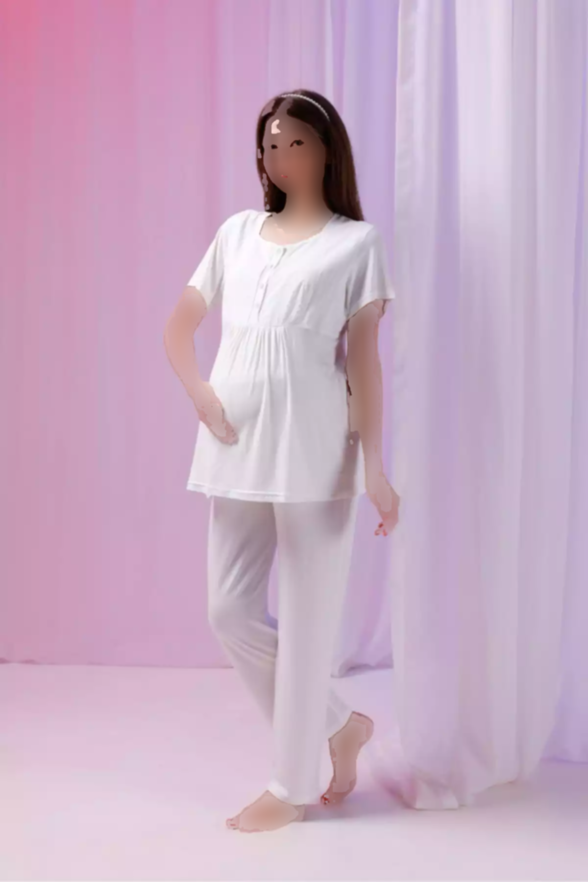 ست لباس راحتی پنبه ای کتان بلند و گشاد طراحی راهراه شیری بارداری برند Yulem Homewear کد 1757670129