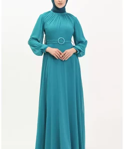لباس مجلسی شیفون پیله دار فیروزه ای برند sefamerve کد 1758126667
