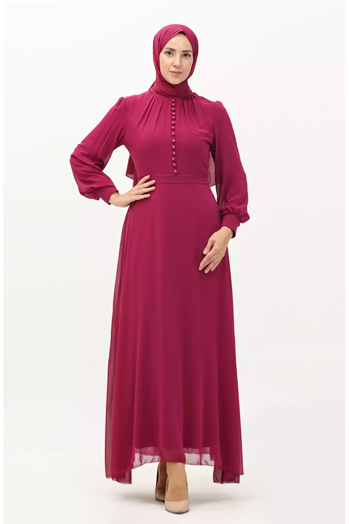 لباس مجلسی شیفون دکمه دار سرخابی کمربند برند sefamerve کد 1758123070