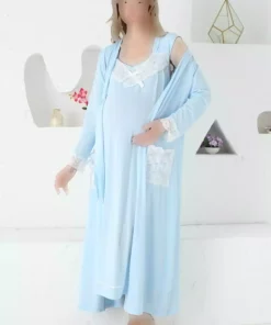 ست لباس شب دکمهدار 2تکه طرحدار جیبدار توری بلند و گشاد آستین بارداری برند JENİKA کد 1758055264