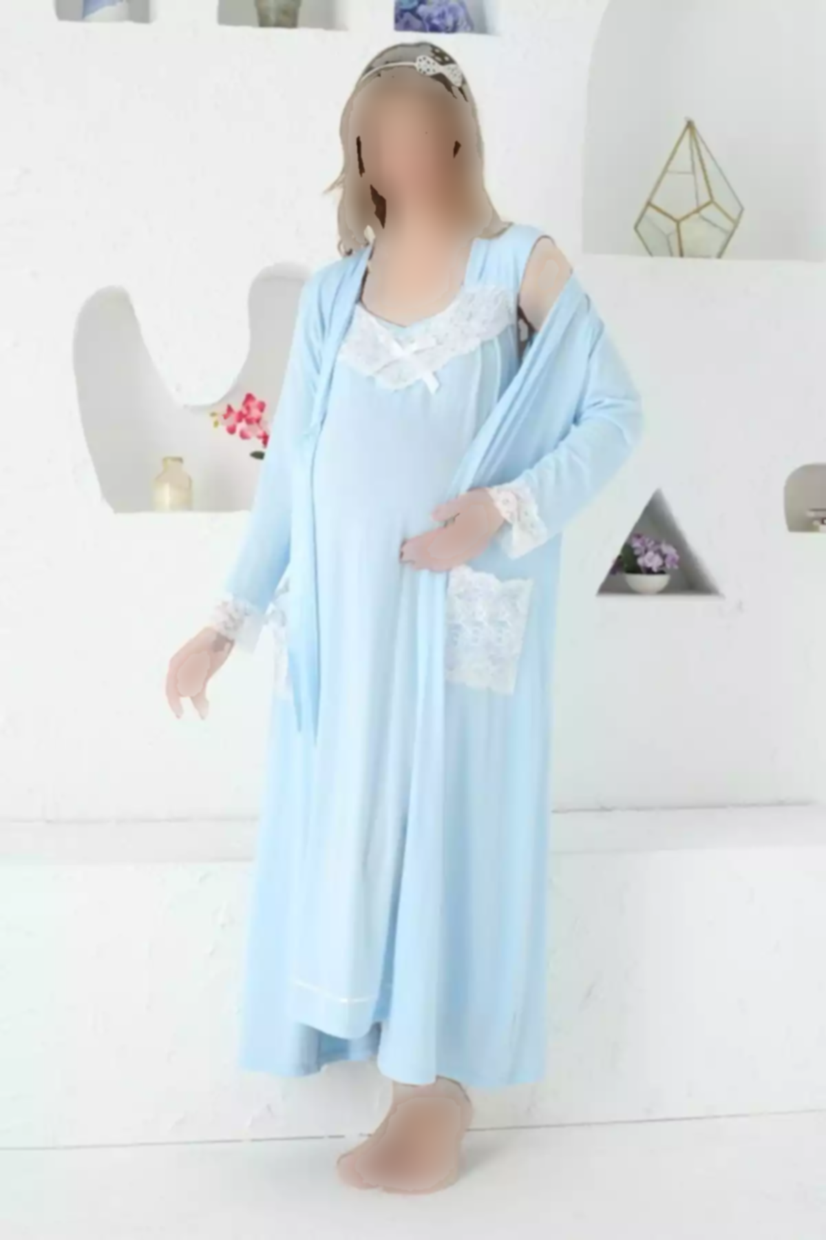 ست لباس شب دکمهدار 2تکه طرحدار جیبدار توری بلند و گشاد آستین بارداری برند JENİKA کد 1758055264