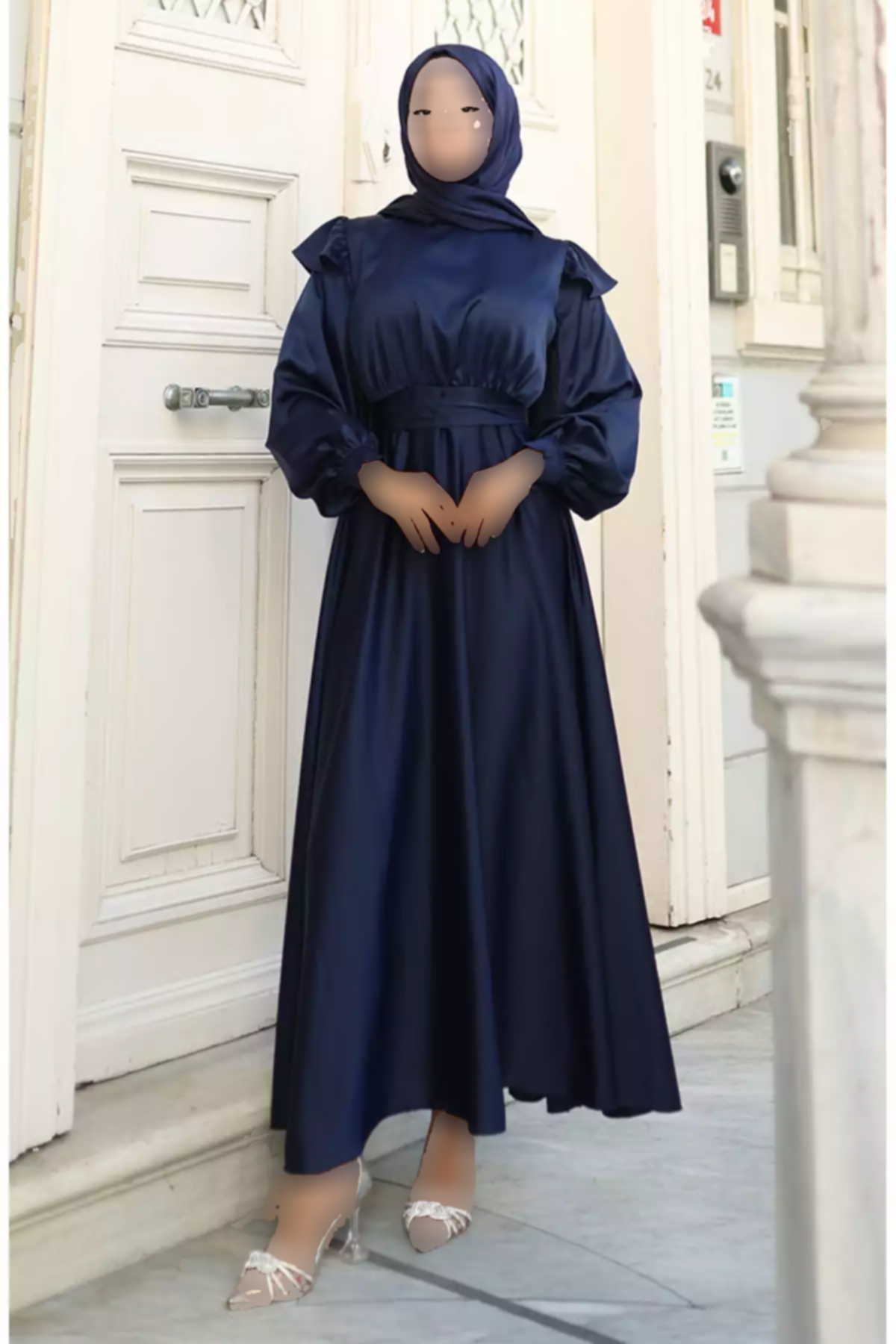 لباس مجلسی شانه 01سرمه ای ساتن چیندار برند sefamerve کد 1758123072