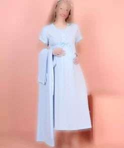 ست لباس شب پاپیون دکمهدار آستین کوتاه طرحدار بلند و گشاد بارداری برند JENİKA کد 1758224524