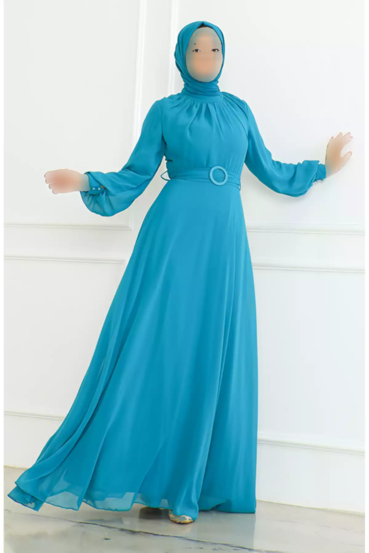 لباس مجلسی شیفون کمربنددار فیروزه ای برند sefamerve کد 1758123129