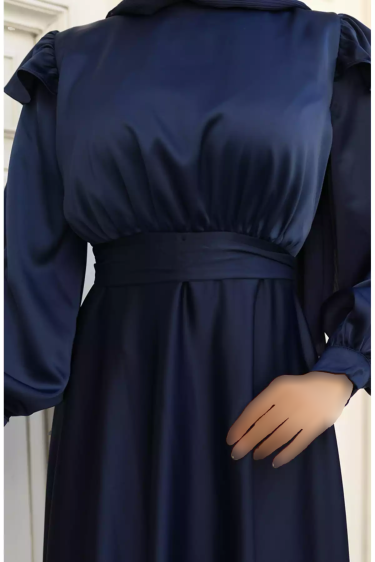 لباس مجلسی شانه 01سرمه ای ساتن چیندار برند sefamerve کد 1758123072