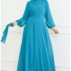 لباس مجلسی شیفون کمربنددار فیروزه ای برند sefamerve کد 1758123129