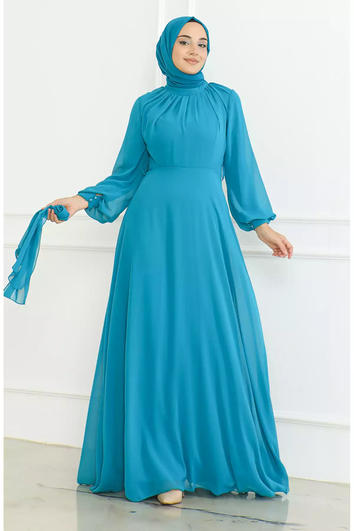 لباس مجلسی شیفون کمربنددار فیروزه ای برند sefamerve کد 1758123129