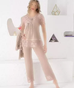 لباس راحتی 3تایی طرحدار توری بلند و گشاد آستین بارداری برند JENİKA کد 1758224474