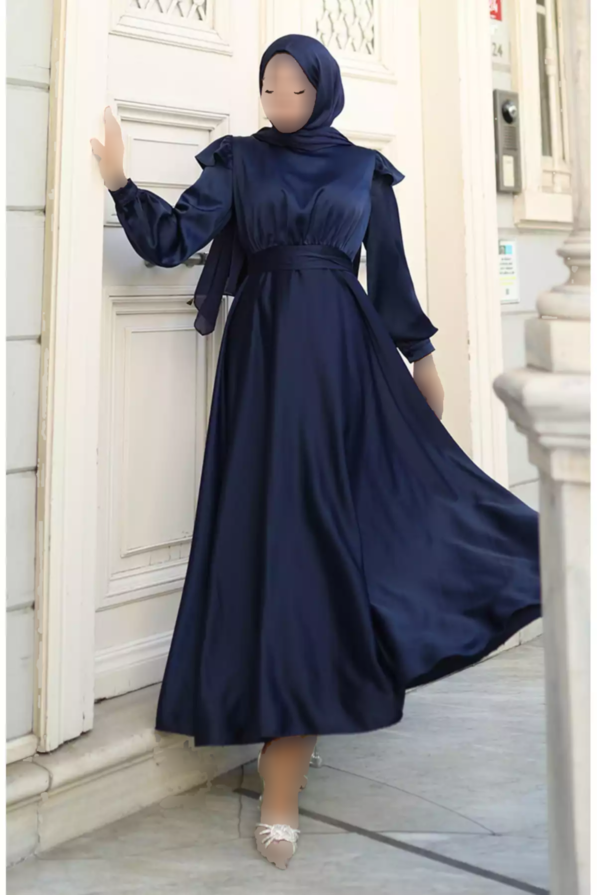 لباس مجلسی شانه 01سرمه ای ساتن چیندار برند sefamerve کد 1758123072