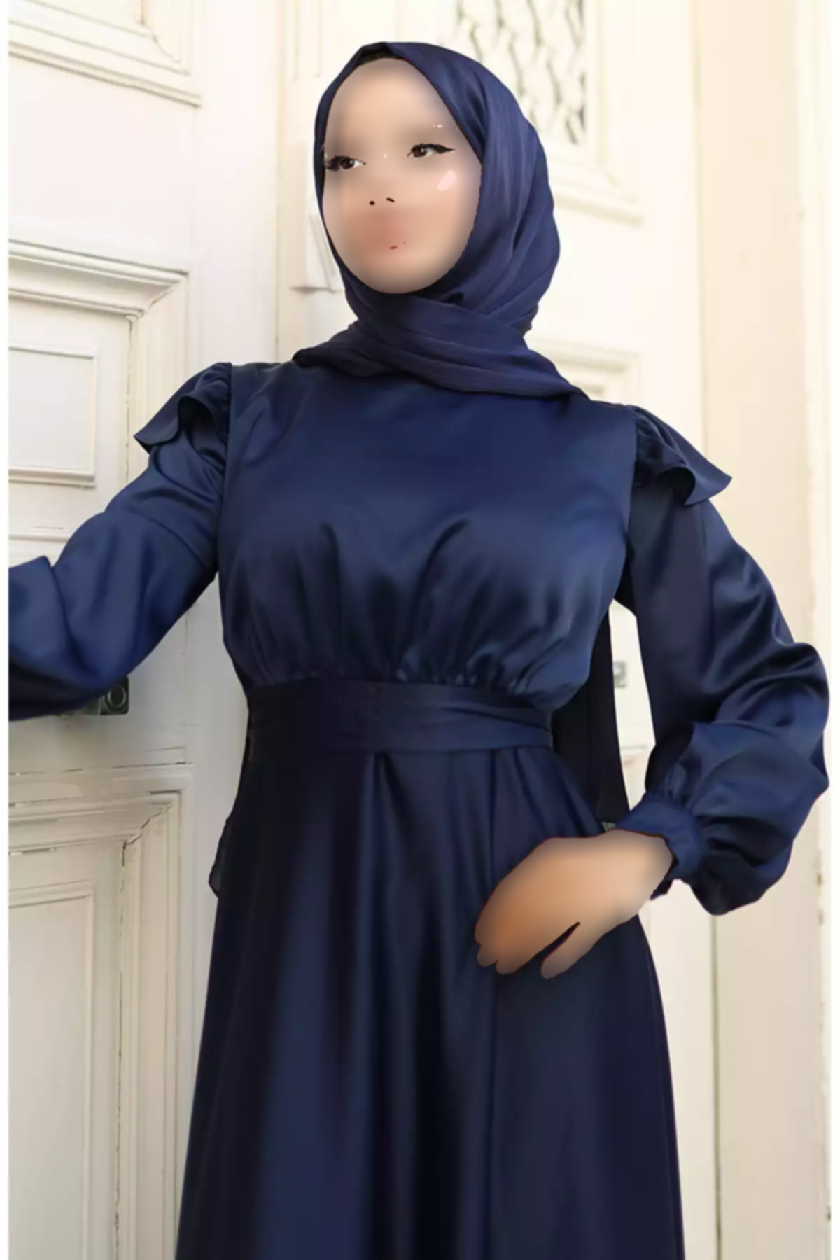 لباس مجلسی شانه 01سرمه ای ساتن چیندار برند sefamerve کد 1758123072