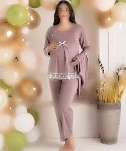 لباس راحتی پنبه ای بلند و گشاد طرحدار روباندار توری آستین & بارداری برند JENİKA کد 1758224526