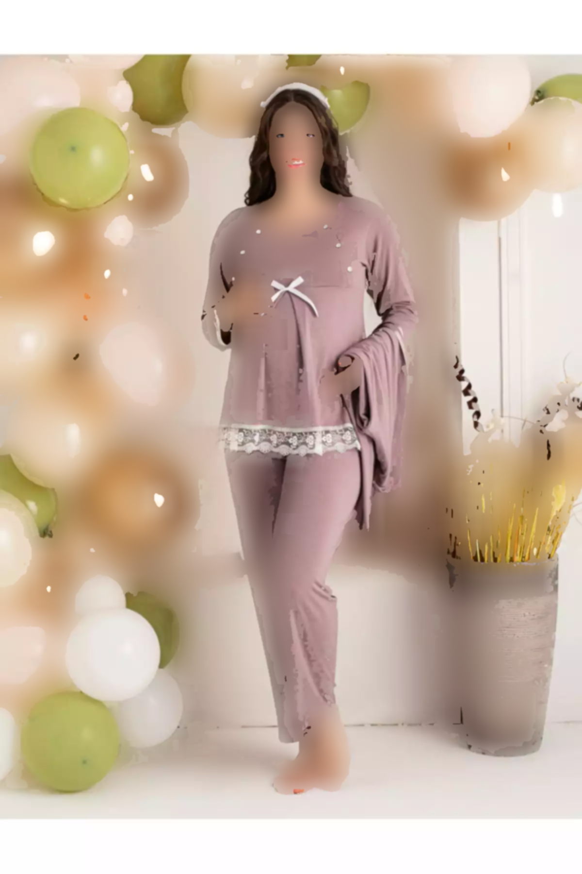 لباس راحتی پنبه ای بلند و گشاد طرحدار روباندار توری آستین & بارداری برند JENİKA کد 1758224526