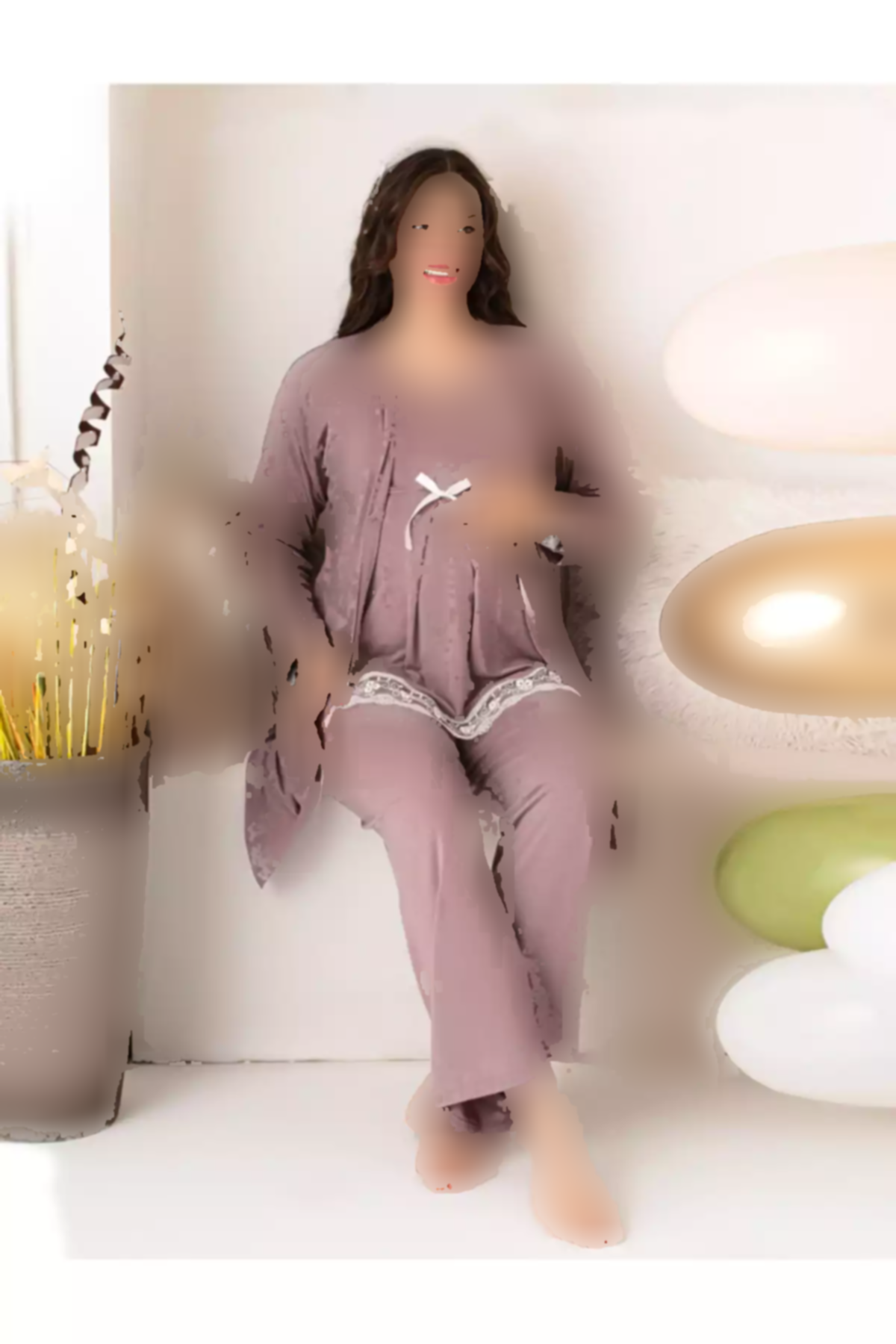 لباس راحتی پنبه ای بلند و گشاد طرحدار روباندار توری آستین & بارداری برند JENİKA کد 1758224526