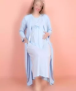 ست لباس شب پاپیون دکمهدار آستین کوتاه طرحدار بلند و گشاد بارداری برند JENİKA کد 1758224524