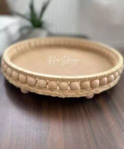 سینی تزئینی طبیعی چوب حصیری منجوقدار 29.5cm برند H2 Design کد 1757373728