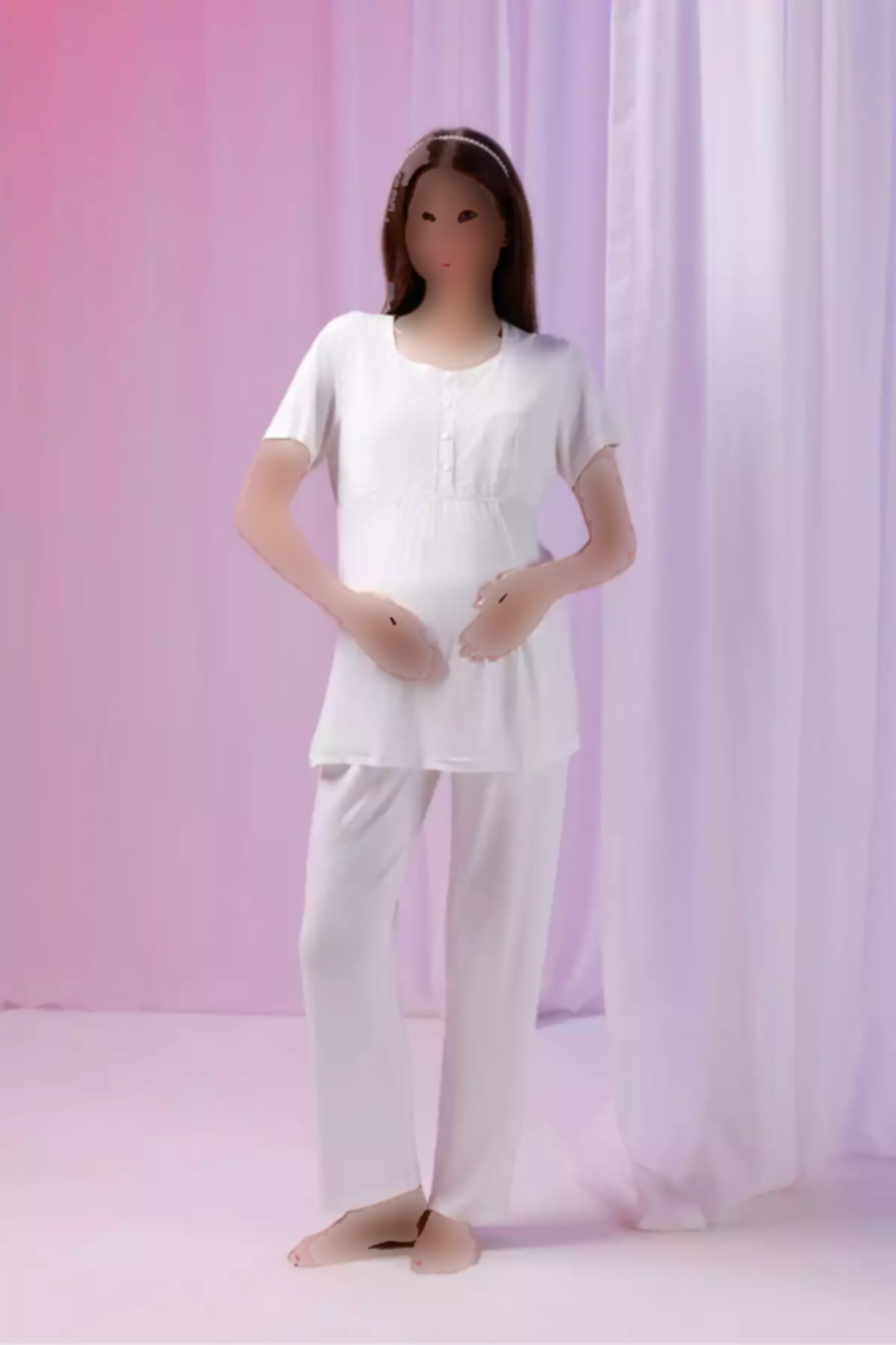 ست لباس راحتی پنبه ای کتان بلند و گشاد طراحی راهراه شیری بارداری برند Yulem Homewear کد 1757670129