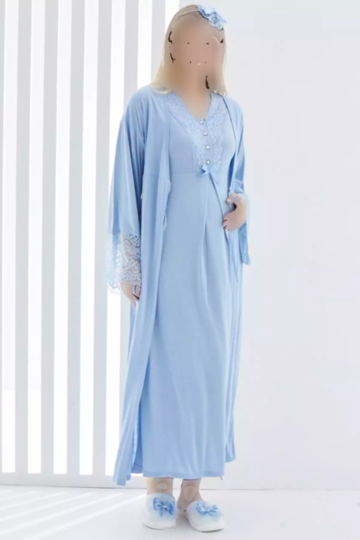 یقه خطدار آستین کوتاه لباس بلند و گشاد بارداری برند ERDENİZ TEKSTİL کد 1758057662