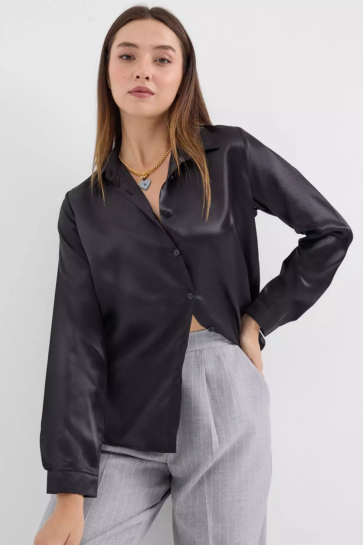 3964 بلوز ساتن با آستین نیمه بلند - سیاه برند Bigdart - 158413297