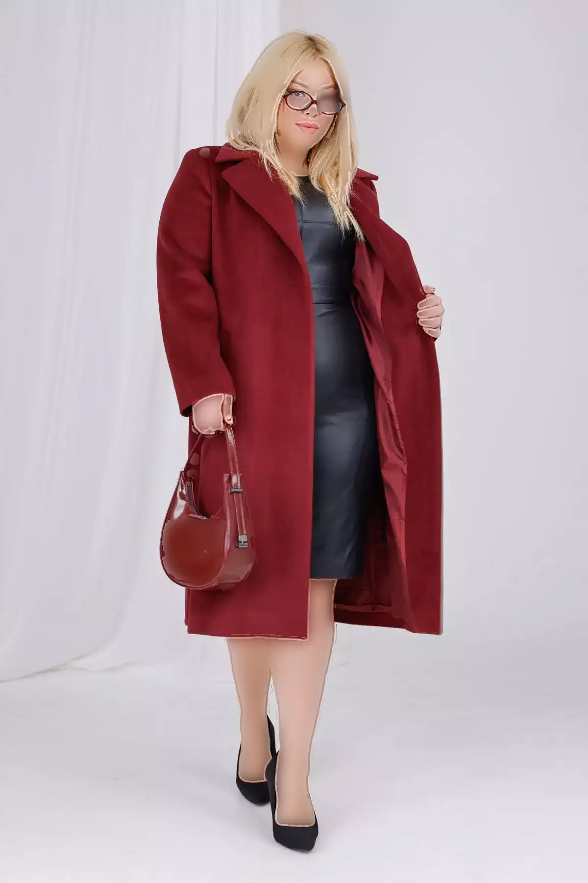 کاپشن زنانه به رنگ bordo با جزئیات کمربند و آستار از جنس پشم و بزرگ سایز برند Mooi XXL - 1029475244