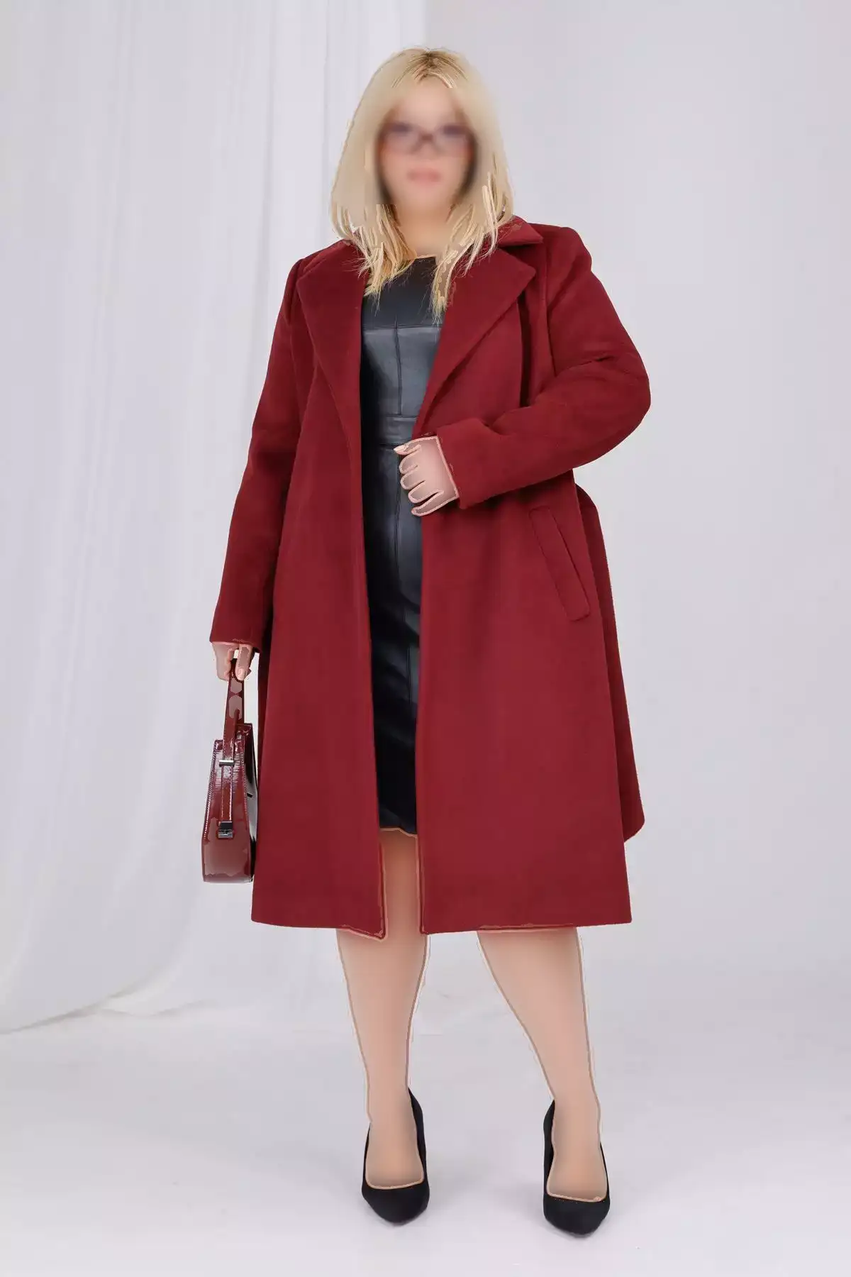 کاپشن زنانه به رنگ bordo با جزئیات کمربند و آستار از جنس پشم و بزرگ سایز برند Mooi XXL - 1029475244