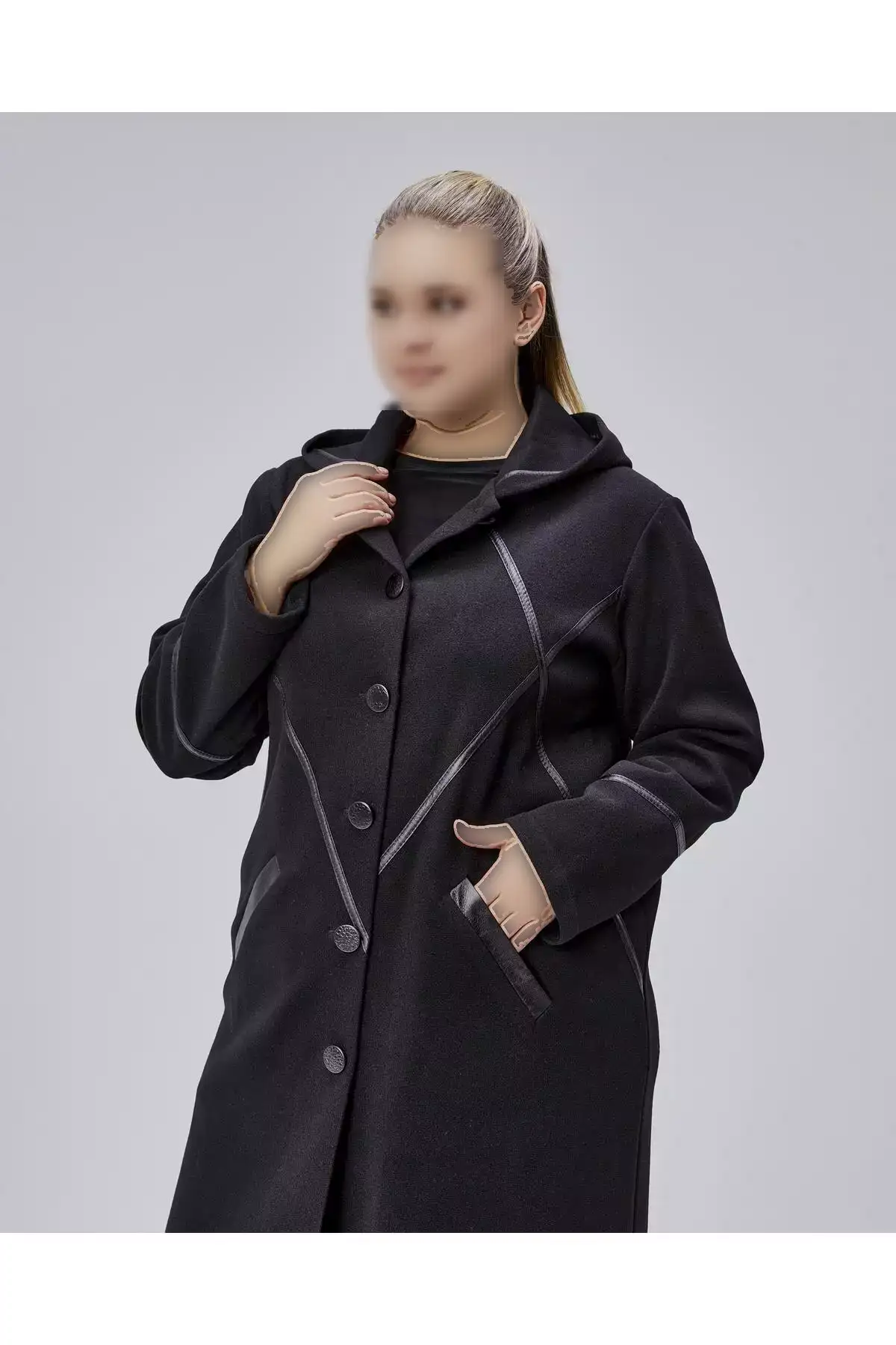 کاپشن بزرگ با جزئیات لبه چرمی و کلاه، رنگ مشکی برند KALKANCI - 1030667822