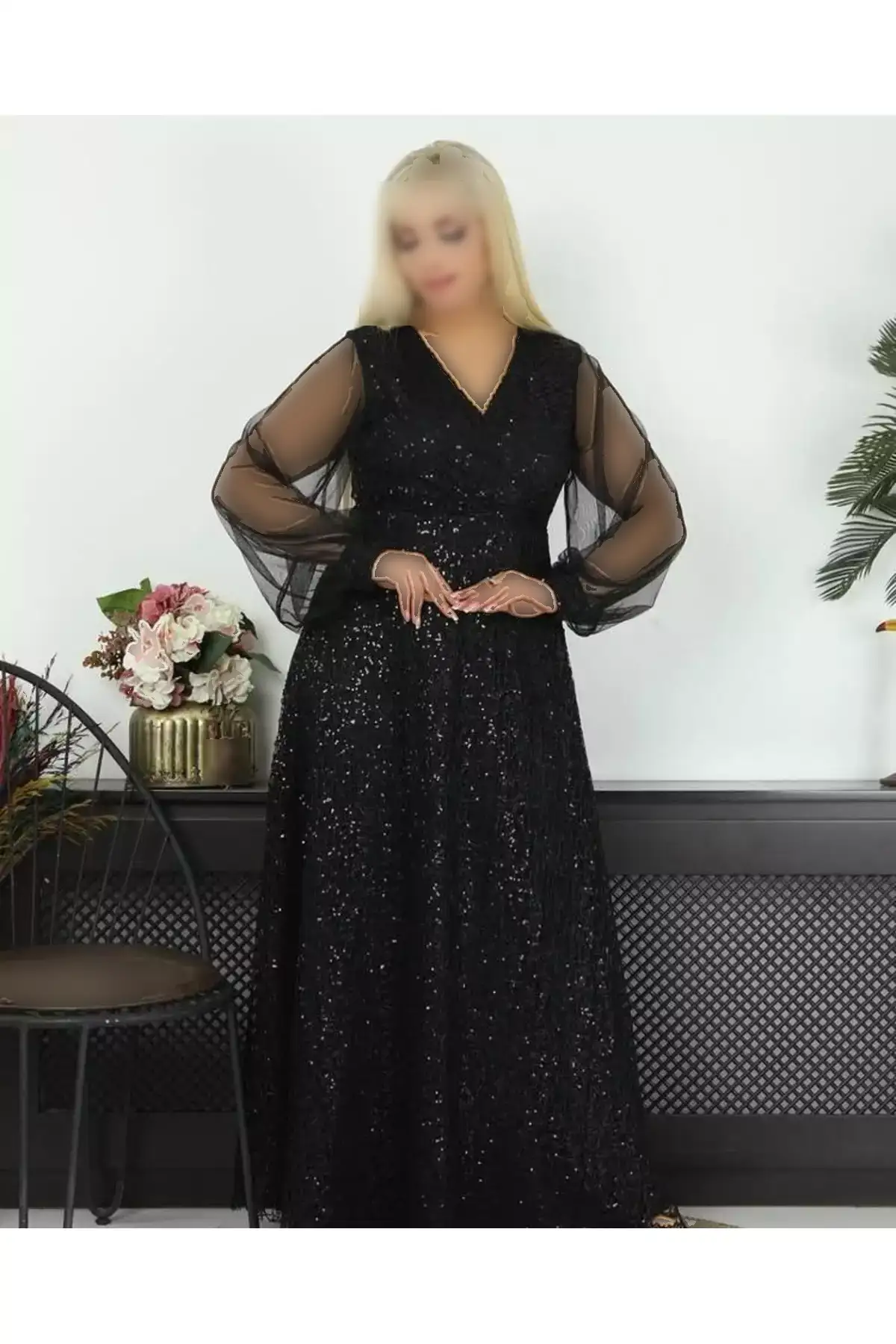 پیراهن دگاجه یقه بلند بزرگ سایز مشکی برند BÜYÜK MODA BEDEN - 988511771