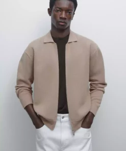ژاکت بافته شده از الیاف نخی ترکیبی با زیپ برند Massimo Dutti - 969524592