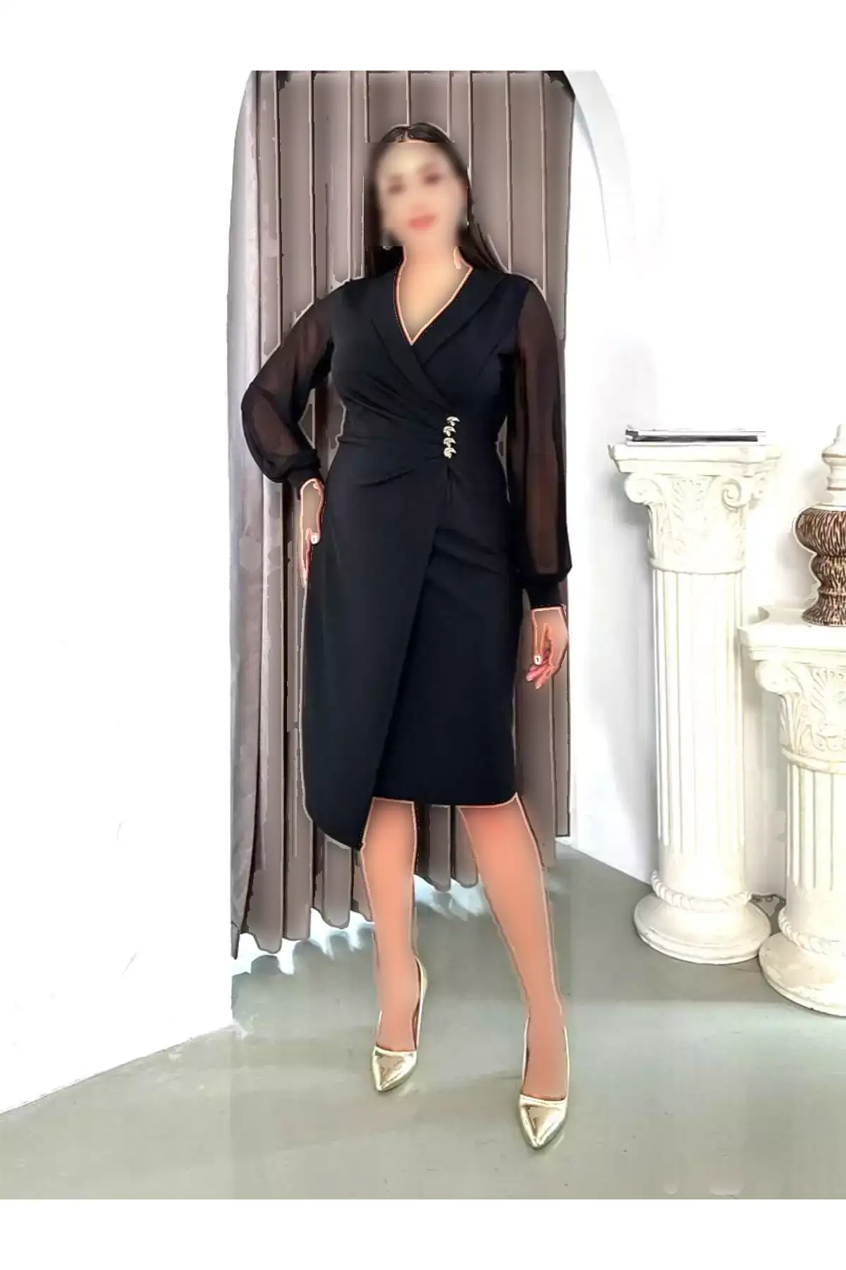 کت بزرگ زنانه مشکی با یقه و جزئیات دکمه، لباس مجلسی انعطافپذیر برند Şirin Butik - 996790820