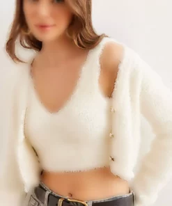 ست بافتنی زنانه رنگ اکرو شامل: بستن داخلی و ژاکت. برند Olalook - 871405540