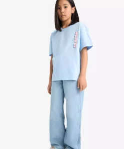 تیشرت کوتاه آستیندار دوچرخهای دخترانه با طراحی گرافیکی در پشت و برش بزرگ E0367A825SM برند Defacto - 939830839