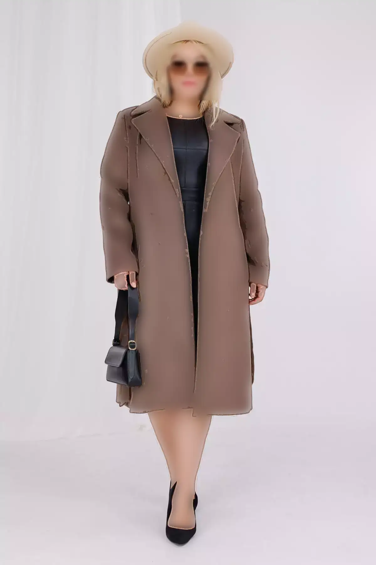 کابان زنانه کافه ملانژ پشمی با جزئیات کمربند و آستر برای سایز بزرگ برند Mooi XXL - 1029475246