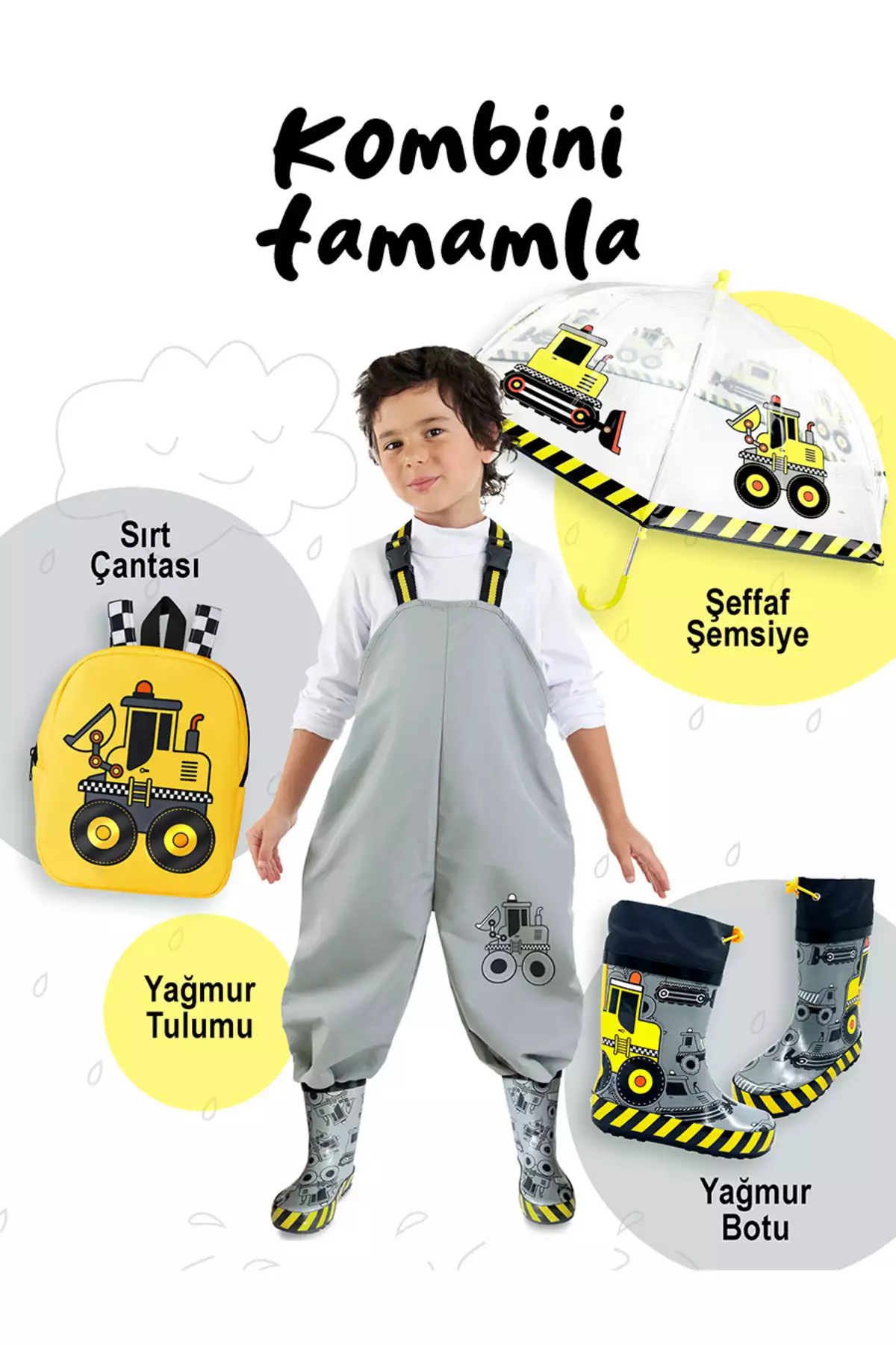 چکمه بارانی خاکستری مخصوص پسران با تم ابزارهای ساختمانی برند Denokids - 966260635