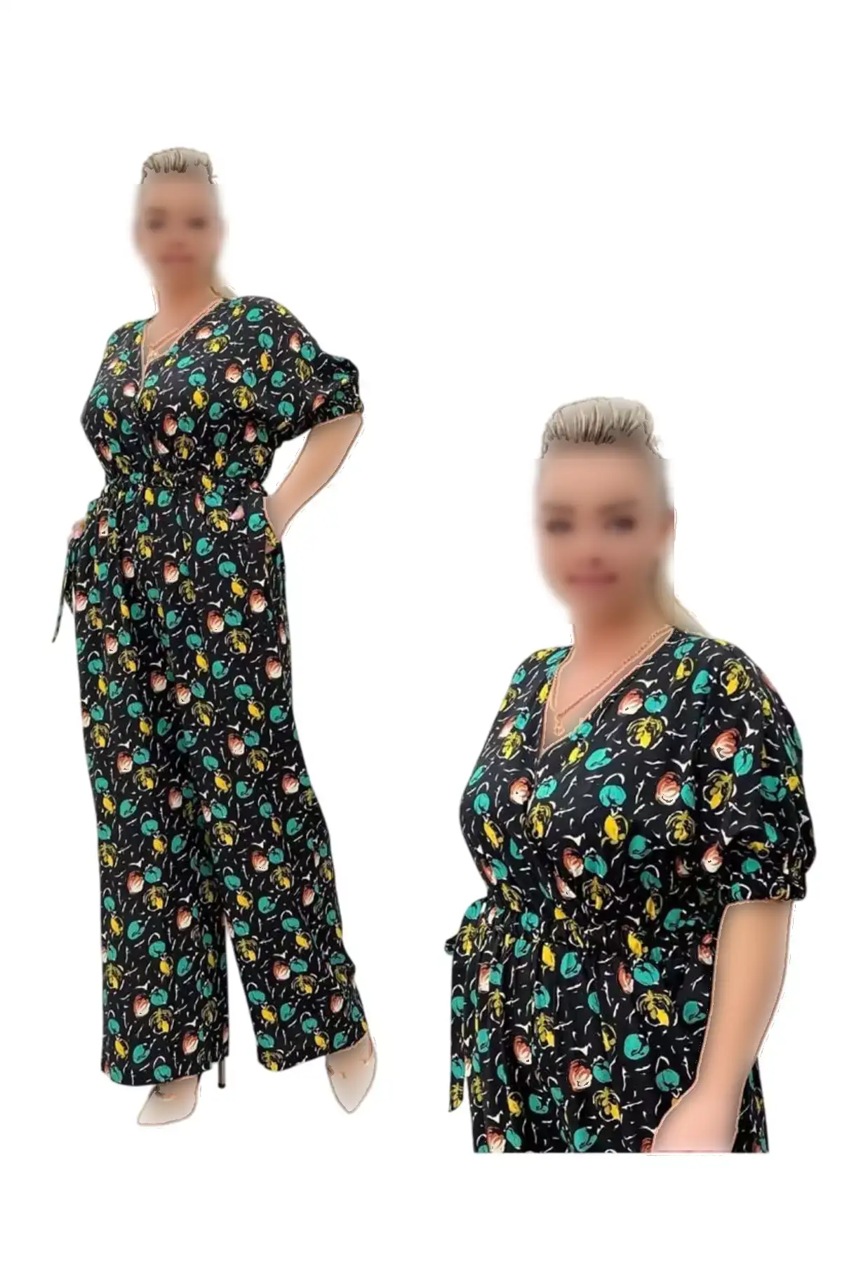 سرهمی بزرگبدن با جزئیات رنگی سبز و زرد بر روی زمینه سیاه و با کمر کشی برند TESSY - 938422777