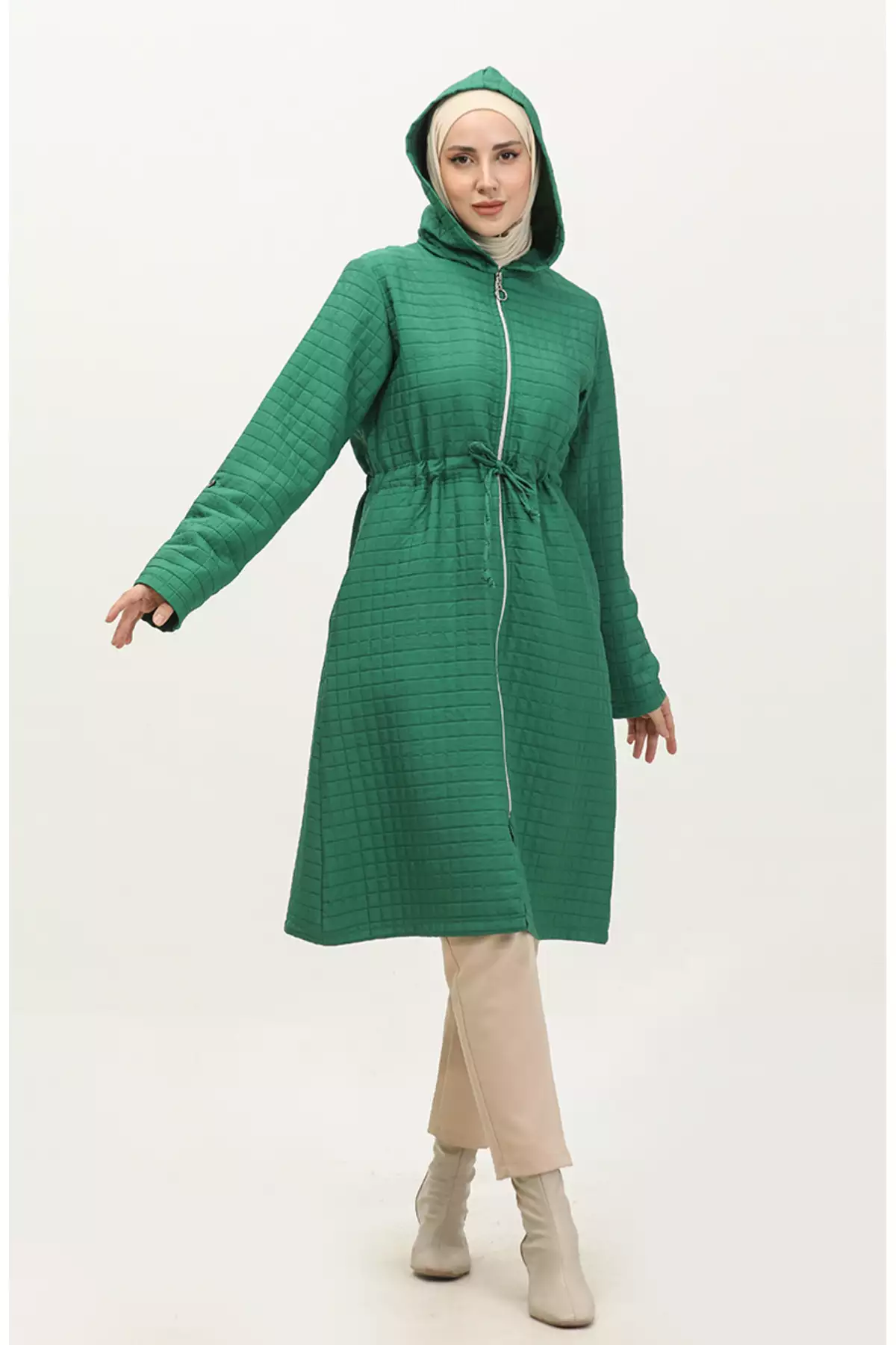 کاپشن کلاهدار با کمر کشی 0314-02 سبز برند sefamerve - 833446107